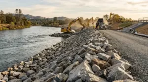 Excavators operating near riverbank